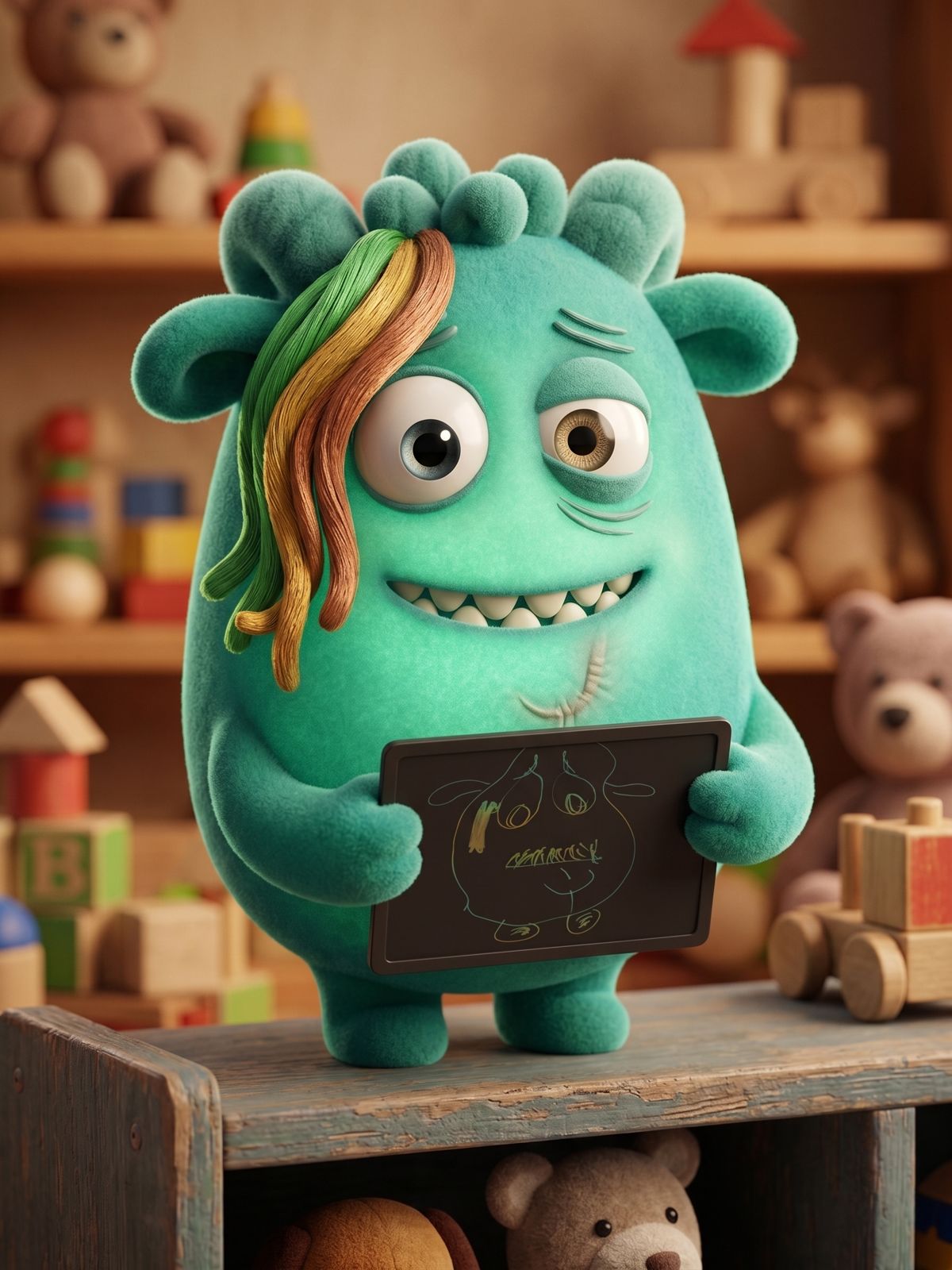 Billy, um monstrinho verde e fofinho com uma mecha de cabelo arco-íris, segurando uma lousinha com um desenho de si mesmo em um quarto cheio de brinquedos
