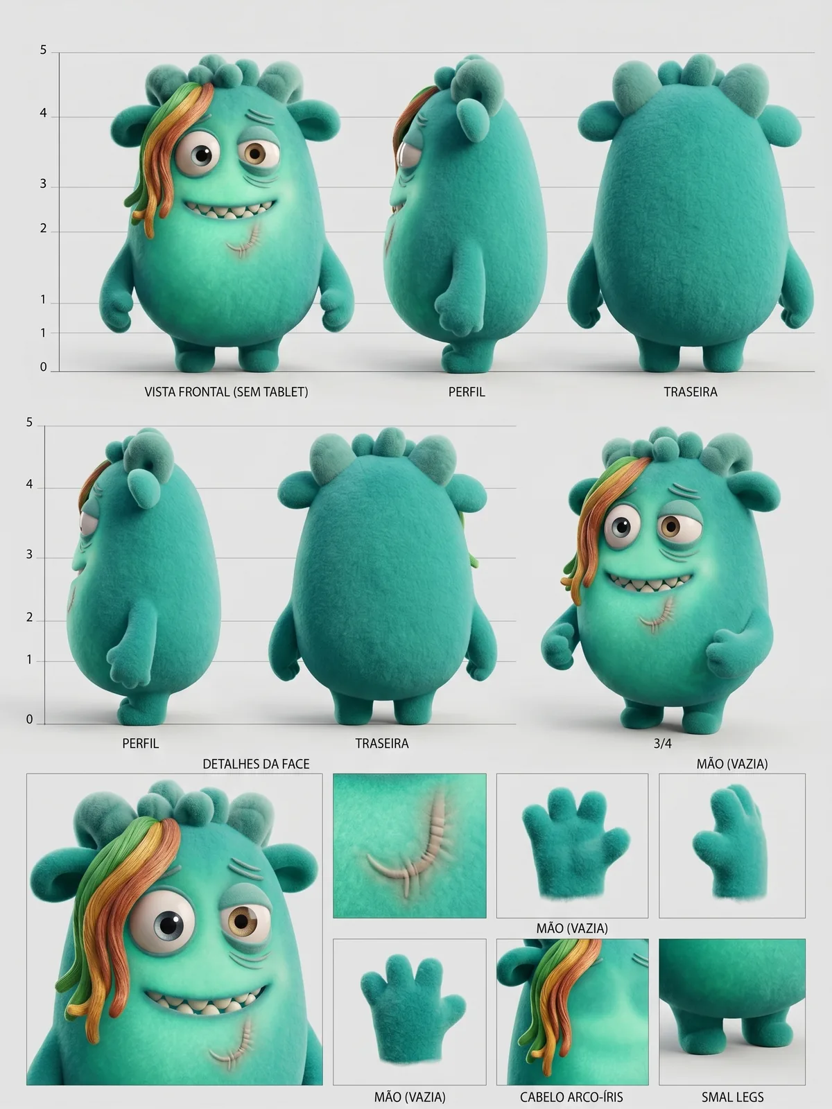 Folha de modelo do Billy: vistas de frente, perfil, costas e detalhes da mão, do cabelo arco-íris e da costura na barriga