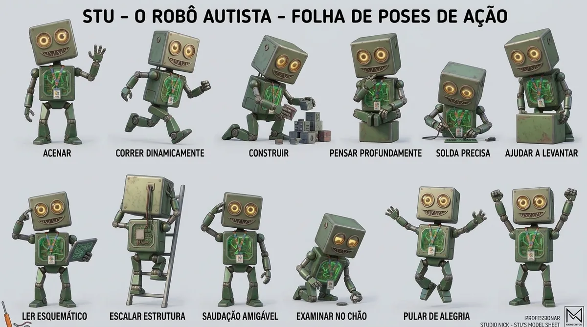 Folha de poses do Stu: acenar, correr, construir, pensar, soldar, ajudar, ler esquema, escalar, cumprimentar, examinar e pular de alegria