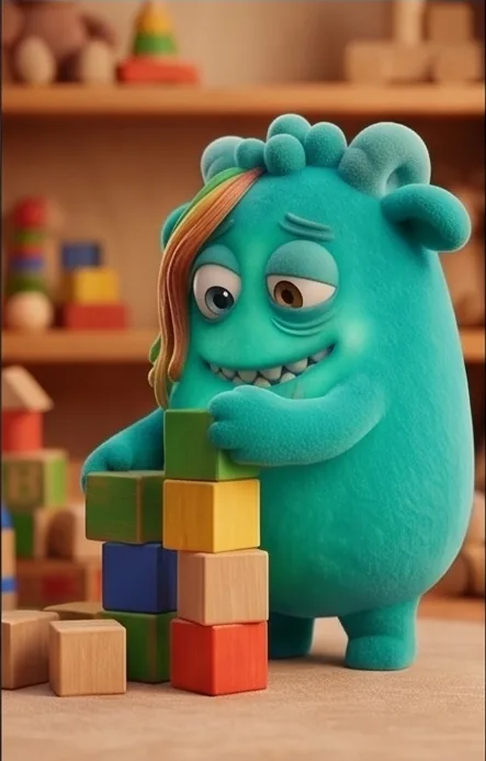 Billy empurrando blocos de montar