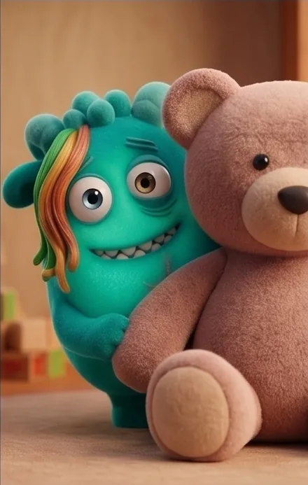 Billy escondido atrás de um urso de pelúcia
